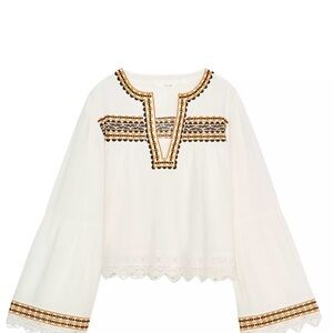 Zara Ivory Top with Black and Tan Embroidered Detailing